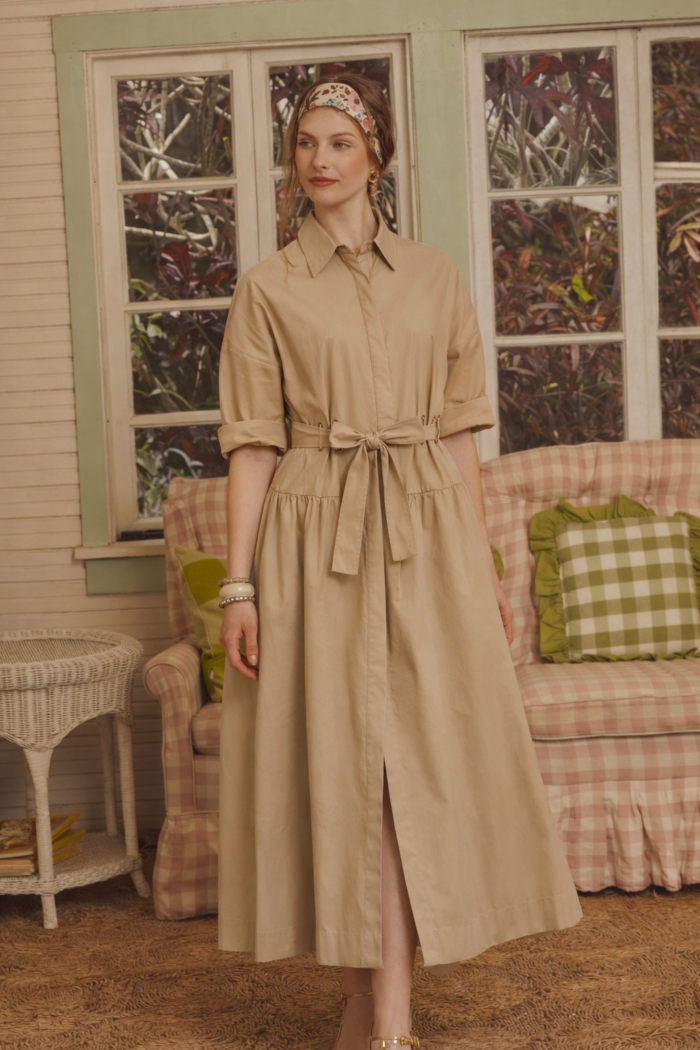 Cotton Shirt Dress -Camel